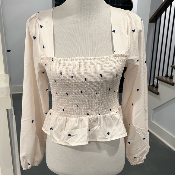 SHEIN Tops - Adorable Cream Smocked Blouse with Heart Pattern Long-Sleeve Square Neckline